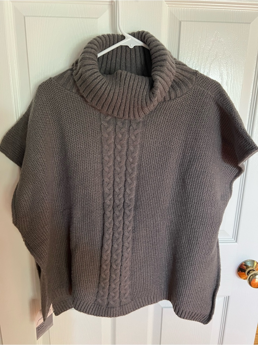 Cable-Knit Turtleneck Poncho Sweater in Gray